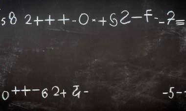 Karmaşık ve kurgusal matematiksel hesaplamalarla tebeşirle yazılmış okul kurulu