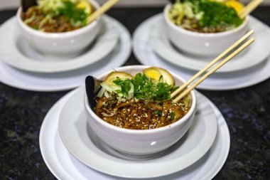Geleneksel Japon eriştesi veya sebze suyu, ızgara domuz eti, doğu eriştesi ve klasik Japon mutfağı baharatları.
