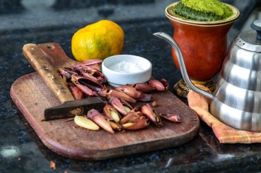 Brezilya kış geleneği, kavrulmuş çam fıstığı ve bergamot ile yerba mate chimarro
