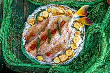 Geleneksel Brezilya altın tropikal balığı Salminus brasiliensis geleneksel baharatlar, muz, patates ve biberiye ile kızartılır. Dourado saldır.