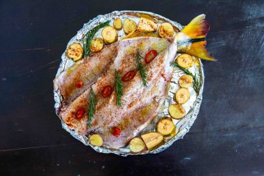 Geleneksel Brezilya altın tropikal balığı Salminus brasiliensis geleneksel baharatlar, muz, patates ve biberiye ile kızartılır. Dourado saldır.