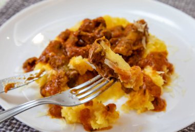 Lezzetli ve besleyici geleneksel Brezilya yemeği olan polentalı tavuk taşağı güveci..