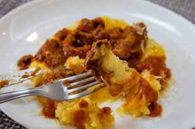 Lezzetli ve besleyici geleneksel Brezilya yemeği olan polentalı tavuk taşağı güveci..