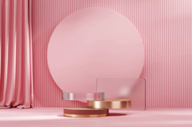 Pembe sahne podyumu ürün gösteriminin 3D görüntülemesini oluşturur