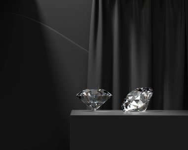Siyah podyuma yerleştirilmiş yuvarlak elmas, perde arkası 3 boyutlu.