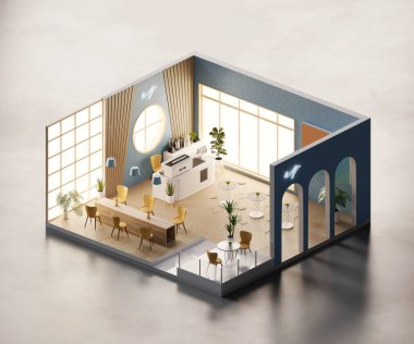 Isometric view minimal kafe mağazası iç mimari içinde açık, 3D görüntüleme dijital sanat.