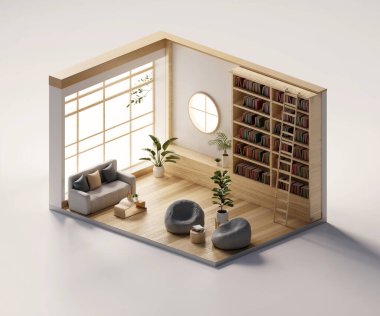 Isometric view room muji style iç mimari, 3D görüntüleme dijital sanat.