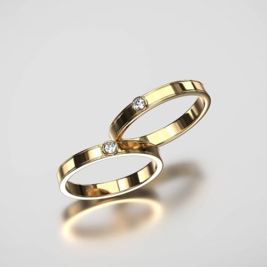 Altın İki Elmas yüzük Parlak arka planda, 3D görüntüleme