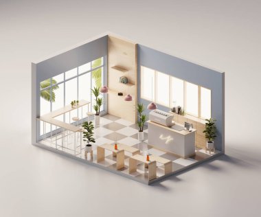 Isometric view minimal kafe mağazası iç mimari içinde açık, 3D görüntüleme dijital sanat.