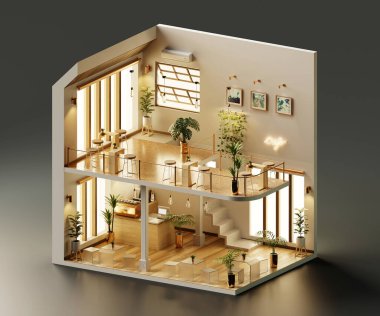 Isometric view minimal kafe mağazası iç mimari içinde açık, 3d oluşturma.