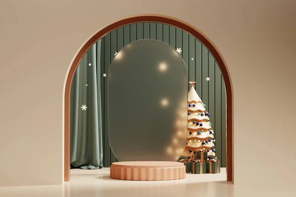 Розкішний Веселий Різдвяний Продукт Відображає Подіум Сосновим Деревом Прикрасою Рендеринга — стокове фото