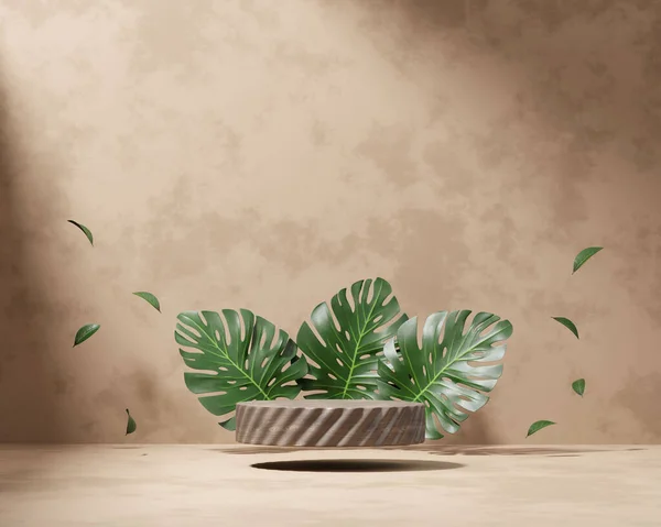 3D rendering platform podium with monstera plant product presentation background