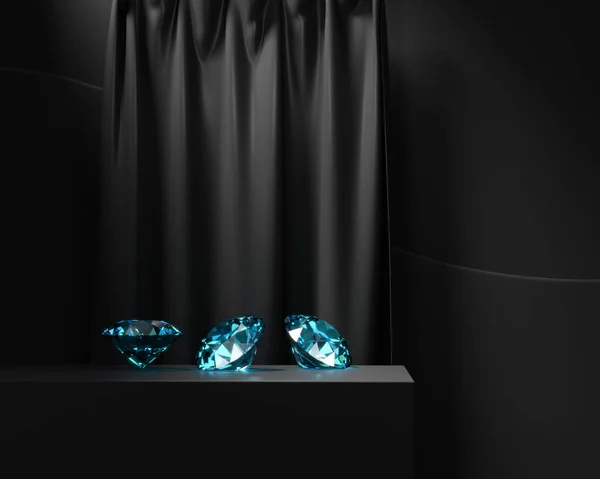 Mavi Sapphire Elması Perde Arkası Boyutlu Siyah Podyuma Yerleştirilmiş — Stok fotoğraf