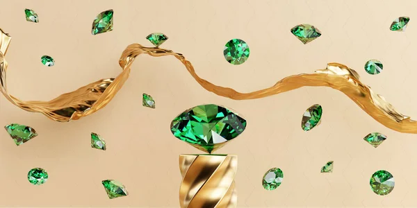Zöld Gyémánt Drágakövek Alá Arany Háttér Renderelés — Stock Fotó