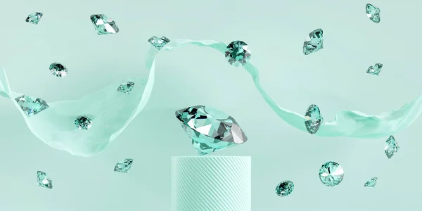 Green diamond gems falling on mint color background 3d rendering
