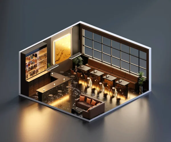 Isometric view restaurant open inside interior architecture, 3d rendering.