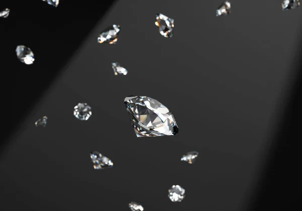 Diamantes Redondos Caindo Sobre Fundo Preto Renderização — Fotografia de Stock