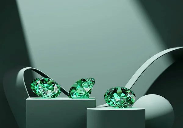 Zöld Smaragd Gyémánt Elhelyezett Zöld Háttér Renderelés — Stock Fotó
