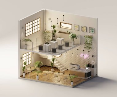 Isometric view minimal kafe mağazası iç mimari içinde açık, 3d oluşturma.