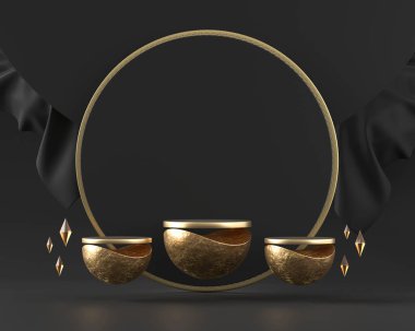 Siyah arkaplanda altın platform 3D görüntüleme