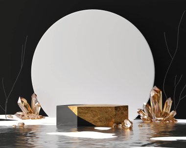 Özet altın ürün sahne podyumu kristal 3D görüntüleme arkaplanı