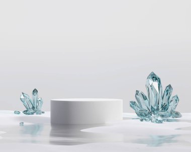 Beyaz arka planda kristal işlemeli ürün sergisi için beyaz podyum