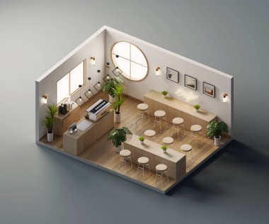 Isometric view minimal kafe mağazası iç mimari içinde açık, 3d oluşturma.