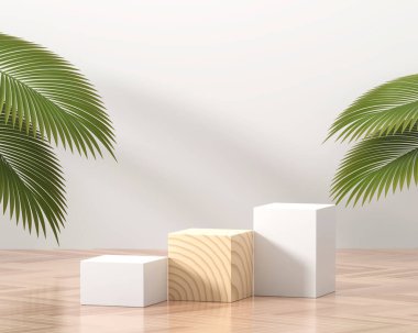 Palmiye yaprakları 3d render ürün görüntüsü için soyut küp platform podyumu
