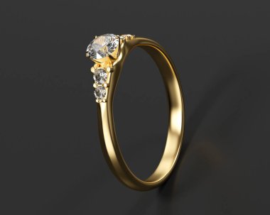 Altın Elmas Yüzük Siyah Arkaplanda İzole Edildi, 3 Boyutlu Hazırlama.