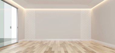 Boş oda tasarımı kopyalama alanı ahşap zemin 3D görüntüleme