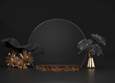 Monstera pot ve kristaller siyah arkaplan 3D işlemeli soyut podyum