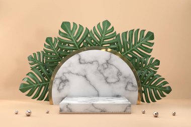 Ürün sergisi için mermer podyum canavar yapraklı 3D dekorasyon