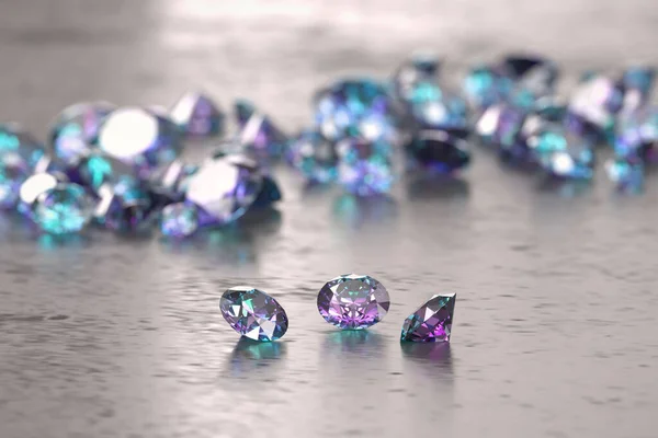 Diamantes Azuis Roxos Colocados Fundo Brilhante Ilustração Foco Seletivo — Fotografia de Stock