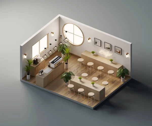 Isometric view minimal cafe store open inside interior architecture, 3d rendering.
