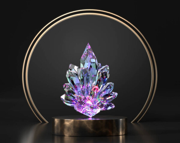 Красочный кристалл на сцене витрина 3D рендеринг