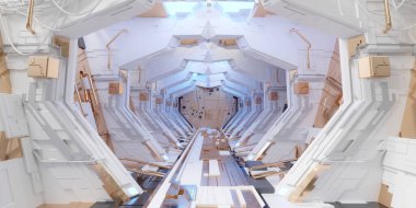 Futuristic sci-fi corridor room. Modern Future background style, interior concept. 3d rendering