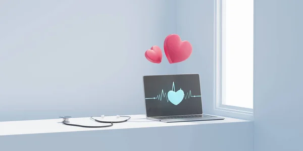Heart rate symbol on laptop monitor medical concept with stethoscope 3d rendering
