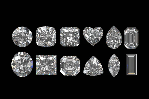 Візуалізація Діамантів Декількох Типів Ізольовані Чорному Тлі Вид Зверху — стокове фото