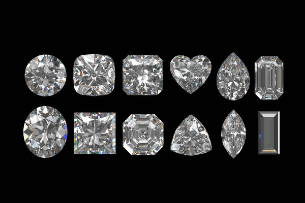3D render diamonds multiple type isolated on black background in top view