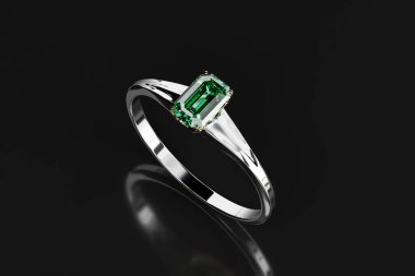Silver Ring with Green Emerald Diamond Placed on Glossy Background 3D Rendering
