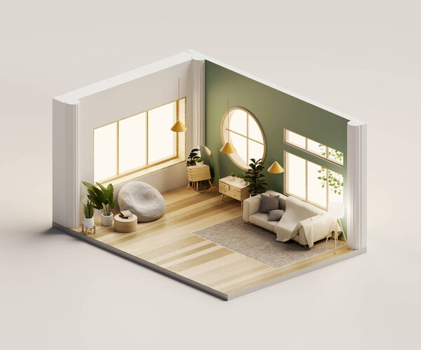 Isometric view living room muji style open inside interior architecture, 3d rendering digital art.