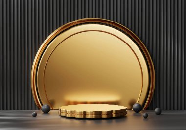 3D soyut siyah ve altın platform podyum ürün sunumu arkaplanı