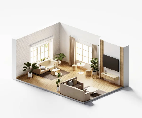 Isométrica Vista Sala Estar Estilo Muji Aberto Dentro Arquitetura Interiores — Fotografia de Stock