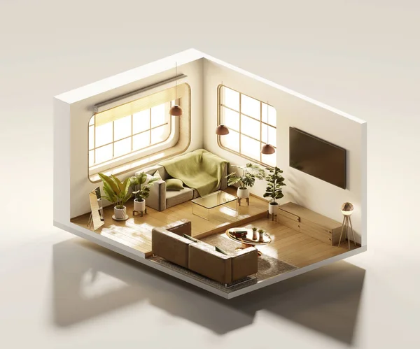 Isometrische Ansicht Wohnzimmer Muji Stil Offen Inneren Innenarchitektur Rendering Digitale — Stockfoto