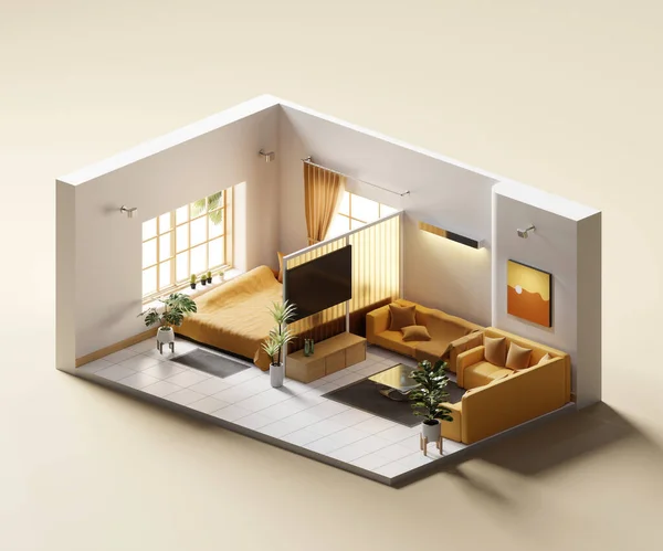 Habitación Con Cama Con Vista Isométrica Abierta Dentro Arquitectura Interior — Foto de Stock