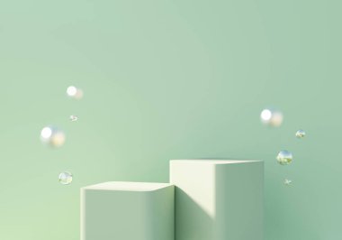 3D rendering green pastel block platform podium product display presentation background with bubbles clipart