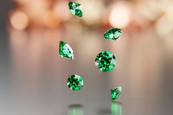 緑のエメラルドの宝石の結晶ダイヤモンドグループは 光ボケ3Dレンダリングとソフトフォーカスを背景に落下 — ストック写真