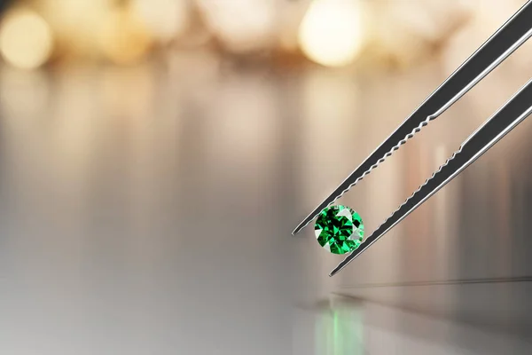 Groene Smaragd Kristal Diamant Pincet Een Glanzende Achtergrond Met Objecten — Stockfoto
