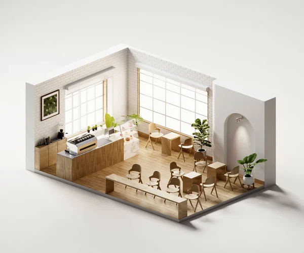 Vista Isométrica Cafetería Mínima Tienda Abierta Dentro Arquitectura Interior Renderizado —  Fotos de Stock