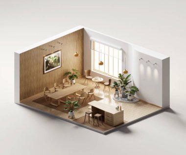 Isometric view room muji style iç mimari 3D dijital sanat sunar